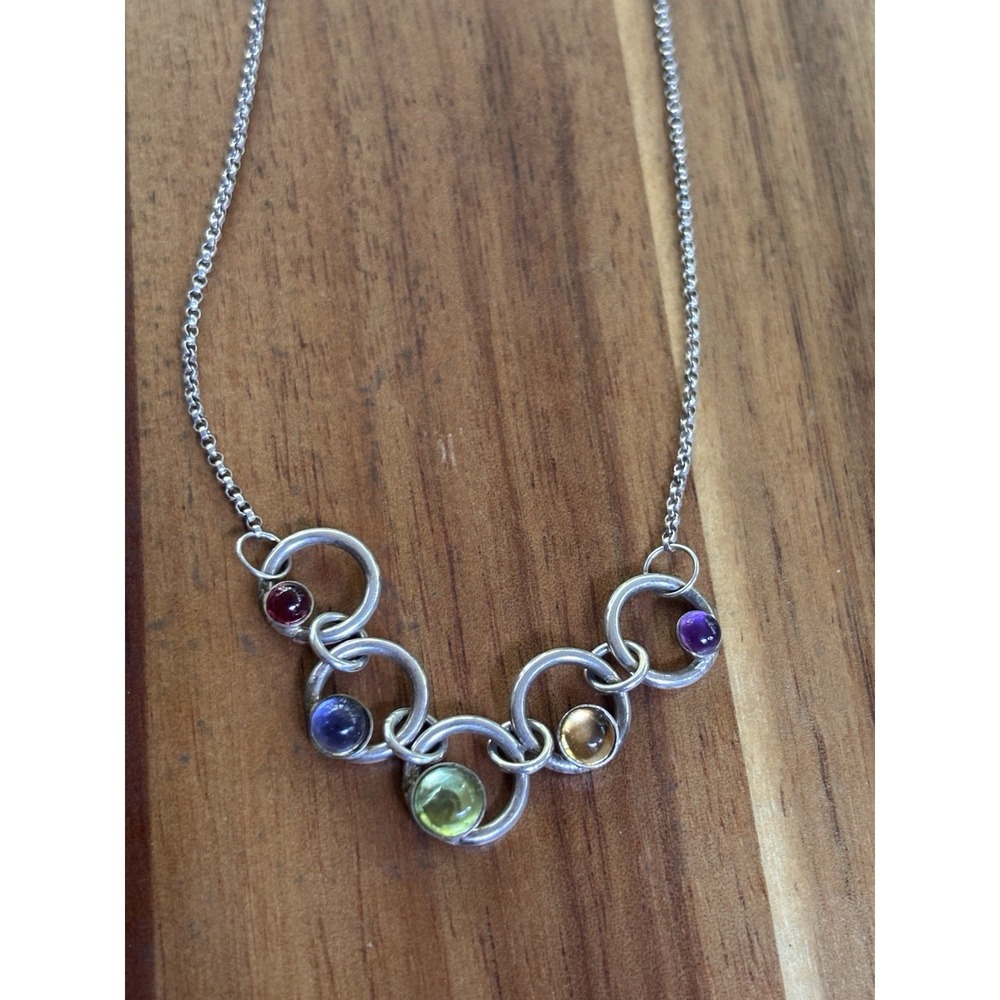 Vintage 925 Sterling Silver Multi-gem Circle Link 16" Choker Necklace